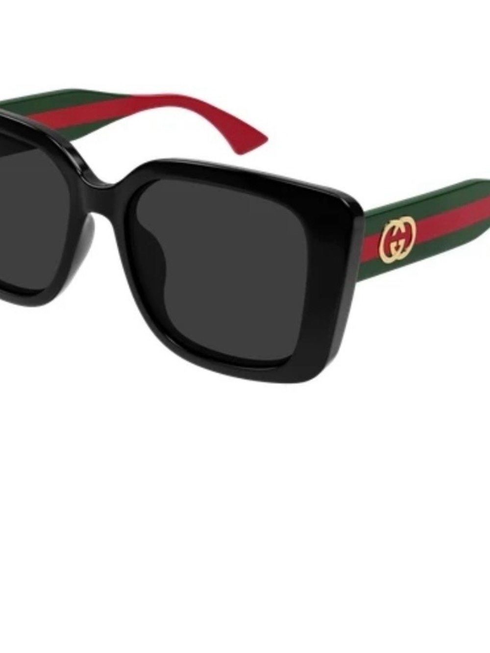BRAND NEW GUCCI BLACK SUNGLASSES W/GREEN & RED STRIPPED TEMPLES, GOLD TONE LOGO